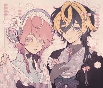 2boys aimono_jyushi alternate_costume amemura_ramuda androgynous bishounen black_gloves black_hair black_ribbon blonde_streaks blue_eyes bonnet bow chunjian_(chenlu769) colored_eyelashes commentary_request ear_piercing floral_print floral_print_kimono flower frilled_bonnet frills gloves gradient_eyes hair_bow hair_over_one_eye highres hypnosis_mic japanese_clothes kimono light_smile long_hair looking_at_viewer male_focus multicolored_eyes multiple_boys parted_lips piercing pinching_sleeves pink_bow pink_eyes pink_hair print_kimono red_flower red_rose ribbon rose sleeves_past_wrists smile white_flower