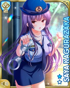 1girl :o bare_legs blue_hair blue_headwear blue_necktie blue_shirt blue_skirt brown_eyes card_(medium) character_name cuffs day girlfriend_(kari) gloves handcuffs hat indoors kagurazaka_saya long_hair necktie official_art open_mouth police police_uniform policewoman qp:flapper shirt skirt standing tagme