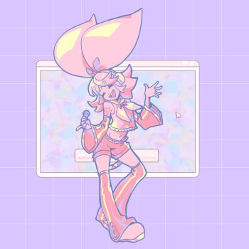 1girl ^_^ bare_shoulders bow breasts closed_eyes crop_top detached_sleeves eerieelixir flat_chest grid_background hair_bow hair_ornament hairclip head_tilt headphones headset highres holding holding_microphone huge_bow kagamine_rin leg_warmers medium_hair microphone midriff monochrome navel neckerchief number_tattoo open_mouth oversized_clothes oversized_object pale_color pastel_colors pink_background pink_theme pinky_out purple_background sailor_collar shirt shorts shoulder_tattoo skinny sleeveless sleeveless_shirt small_breasts spot_color swept_bangs tattoo vocaloid window_(computing)