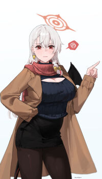 1girl absurdres ai-bon alternate_costume artist_name asymmetrical_bangs black_skirt black_wings blue_archive blue_background blue_sweater blurry blush bow braid breasts brown_coat brown_pantyhose cleavage cleavage_cutout closed_mouth clothing_cutout coat commentary cowboy_shot demon_wings depth_of_field earrings gradient_background grey_hair hair_between_eyes hair_bow hair_over_shoulder halo hand_on_own_hip hand_up haruna_(blue_archive) highres jewelry large_breasts long_hair long_sleeves looking_at_viewer mini_wings miniskirt open_clothes open_coat orange_halo pantyhose pencil_skirt pointing pointing_forward red_eyes red_scarf ribbed_sweater scarf side_braid single_braid single_wing skirt sleeves_past_wrists solo speech_bubble spoken_squiggle squiggle standing sweater triangle_earrings two-tone_background white_background wings yellow_bow