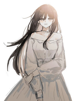 1girl :d absurdres bare_shoulders bead_choker beads black_eyes black_hair bloom breasts bright_pupils choker collarbone colored_inner_hair commentary cowboy_shot double-parted_bangs dress grey_hair grin hair_behind_ear hair_between_eyes hair_over_shoulder half-closed_eyes hand_on_own_arm highres long_sleeves looking_at_viewer mari_(faraway)_(omori) mari_(omori) multicolored_hair off-shoulder_dress off_shoulder official_alternate_costume omori open_mouth pale_skin puffy_long_sleeves puffy_sleeves ribbon ribbon-trimmed_dress ribbon_trim simple_background small_breasts smile solo standing straight-on straight_hair sukinakoto1ppai tearing_up two-tone_hair white_background white_choker white_dress white_pupils white_ribbon wind