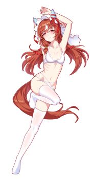 1girl absurdres animal_ears armpits arms_up bails blush bra breasts brown_hair closed_mouth collarbone ear_covers full_body hair_between_eyes hair_ribbon highres horse_ears horse_girl horse_tail long_hair looking_at_viewer lying multicolored_hair navel on_back panties red_eyes red_nails red_ribbon revision ribbon simple_background skindentation small_breasts smile solo still_in_love_(umamusume) stomach streaked_hair tail thighhighs thighs umamusume underwear underwear_only veil white_background white_bra white_hair white_panties white_streaks white_thighhighs white_veil