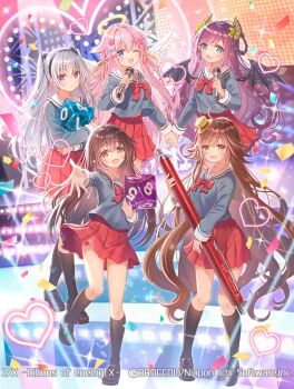 5girls ahoge aqua_bow black_hair black_hairband black_shoes black_thighhighs black_wings blue_eyes bow bowtie braid braided_hair_rings brown_eyes brown_hair brown_horns closed_mouth concert confetti copyright_notice demon_horns demon_wings dice feathered_wings grey_hair grey_shirt hair_bow hair_ornament hair_ribbon hair_rings hairband halo hat heart holding holding_dice holding_microphone horns long_hair long_sleeves looking_at_viewer marie_(z/x) microphone mini_hat multiple_girls nu_(z/x) official_art one_eye_closed open_mouth pecteilis pink_bow pink_hair prism_(z/x) purple_eyes purple_hair reaching reaching_towards_viewer red_bow red_bowtie red_skirt ribbon sailor_collar serino_itsuki shirt shoes skirt sparkle stage standing standing_on_one_leg thighhighs traditional_halo two_side_up ugly_(z/x) white_sailor_collar white_wings wings yellow_bow yellow_eyes yellow_ribbon z/x