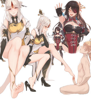 ... 1boy 2girls aether_(genshin_impact) age_difference bare_shoulders barefoot beidou_(genshin_impact) black_gloves black_hair blonde_hair blush breasts censored claw_ring closed_eyes clothed_female_nude_male cum cum_on_body cum_on_feet dress earrings eliskalti erection eyepatch feet femdom fingerless_gloves foot_focus footjob foreshortening genshin_impact gloves hair_ornament hairpin hetero high_heels highres invisible_chair jewelry large_breasts long_hair mosaic_censoring multiple_girls ningguang_(genshin_impact) nude open_mouth pelvic_curtain penis red_eyes shoe_dangle shoes shota simple_background single_shoe sitting smile soles spoken_ellipsis standing tassel thighhighs toes white_background white_hair