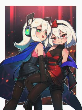 2girls :d absurdres aqua_eyes bare_shoulders belt black_gloves black_hairband black_pantyhose black_skirt blue_cape blush borrowed_character bow breasts cape collarbone commentary digitan_(porforever) dress elbow_gloves electric_plug electric_plug_tail english_commentary fang frilled_skirt frills gloves grabbing_another's_breast grin groping hair_between_eyes hair_bow hairband hand_on_another's_ass hand_on_another's_thigh heart high-waist_skirt highres jacket lightning_bolt-shaped_pupils long_hair looking_at_viewer medium_breasts medium_hair multiple_girls off-shoulder_jacket off_shoulder open_clothes open_jacket open_mouth original pantyhose pink_shirt porforever red_bow red_dress red_eyes robot_ears shirt skirt sleeveless sleeveless_shirt smile symbol-shaped_pupils tail thigh_strap white_hair