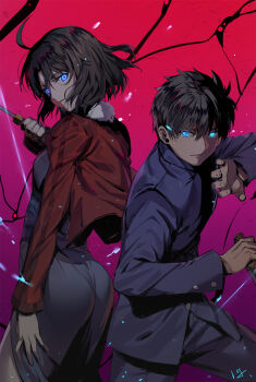 1boy 1girl ass back-to-back bad_id bad_pixiv_id black_hair blue_eyes blue_kimono closed_mouth club3 creator_connection crossover epic gakuran gradient_background graphite_(medium) highres holding holding_knife jacket japanese_clothes kara_no_kyoukai kimono knife leather leather_jacket long_hair looking_at_viewer melty_blood mystic_eyes_of_death_perception name_connection red_jacket ryougi_shiki school_uniform short_hair signature tohno_shiki traditional_media tsukihime type-moon