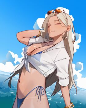 1girl bikini blonde_hair blue_bikini blue_sky blush bracelet breasts centi_(nikke) centi_(ocean_repair)_(nikke) closed_eyes closed_mouth cloud earrings eyewear_on_head goddess_of_victory:_nikke heart heart-shaped_eyewear high-waist_bikini highres holypotato0 hoop_earrings jewelry large_breasts long_hair navel ocean official_alternate_costume orange-tinted_eyewear outdoors see-through_clothes shirt sky smile sunglasses swimsuit tan tanline thong thong_bikini tied_shirt tinted_eyewear water white_shirt