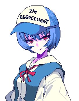 1girl ayanami_rei baseball_cap blue_hair blue_hat breasts choppy_bangs closed_mouth clothes_writing commentary hair_between_eyes hashtag-only_commentary hat highres looking_at_viewer neon_genesis_evangelion pixel_art pixelcadete pun red_eyes red_ribbon ribbon shirt short_hair simple_background small_breasts smile solo upper_body white_background white_shirt