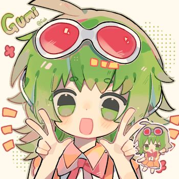 1girl artist_name bare_arms bare_shoulders barefoot blush_stickers bow bowtie bright_pupils character_name chibi chinese_commentary collared_shirt commentary_request double_v empty_eyes eyewear_on_head frilled_shirt frilled_skirt frills green_eyes green_hair green_outline gumi halftone halftone_background happy long_hair looking_at_viewer medium_skirt messy_hair multiple_views notice_lines open_mouth orange_shirt orange_skirt outline pleated_skirt polka_dot polka_dot_background red-tinted_eyewear red_bow red_bowtie shirt simple_background skirt sleeveless sleeveless_shirt smile sunglasses suspender_skirt suspenders tinted_eyewear upper_body v variant_set vest vocaloid white-framed_eyewear white_background white_vest xianyu_fish