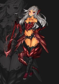 1girl absurdres animal_ears bare_shoulders black_background blush body_markings breasts claws cleavage commentary_request detached_sleeves different_zoom_layer digitigrade dragon_ears dragon_girl dragon_tail floating_hair full_body grey_hair groin highres holding holding_sword holding_weapon long_hair long_sidelocks looking_at_viewer medium_breasts monster_girl navel organic_bra original red_eyes red_nails red_scales red_tail scales sharp_teeth shitoi_(aqua1487) sidelocks solo sword tail teeth weapon