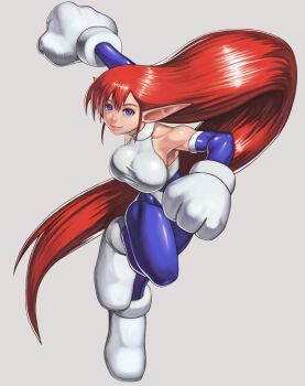 Rule 34 | 1girl, bikini over clothes, blue bodysuit, bodysuit, commentary, detached sleeves, galaxy fight, gloves, grey background, highres, long hair, long pointy ears, one-piece swimsuit, panties over bodysuit, pointy ears, red hair, roomi, shinonome (game hakkutsu tai), simple background, sleeveless, sleeveless bodysuit, solo, swimsuit, turtleneck, turtleneck one-piece swimsuit, white gloves