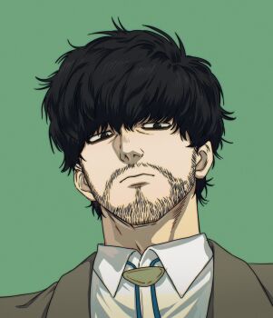 Rule 34 | 1boy, bags under eyes, beard stubble, black eyes, brown jacket, closed mouth, collared shirt, commentary request, facial hair, green background, grntr 260106, highres, hyakuemu, jacket, komiya (hyakuemu), looking at viewer, male focus, portrait, shirt, short hair, simple background, solo, stubble, white shirt