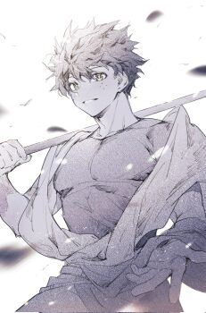 1boy boku_no_hero_academia corrupted_twitter_file covered_pectorals freckles green_eyes greyscale highres looking_at_viewer lycik_98 male_focus midoriya_izuku monochrome parted_lips pectorals short_hair simple_background solo spot_color teeth white_background