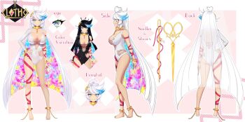 1girl ahoge ankle_cuffs black_hair black_one-piece_swimsuit blue_hair breasts character_name cleavage closed_mouth clotho_(mythos) colored_inner_hair commentary covered_navel cuffs english_commentary fishnet_pantyhose fishnets gold_collar gold_needle hand_on_own_hip heart heart_ahoge highres large_breasts leg_ribbon long_hair multicolored_hair multiple_views mythos_(vtuber) needle official_alternate_hair_color official_alternate_hairstyle one-piece_swimsuit pantyhose ponytail red_ribbon ribbon second-party_source shears single_fishnet_legwear single_sleeve smile swimsuit torn_clothes torn_swimsuit uzu_hi virtual_youtuber white_hair white_one-piece_swimsuit