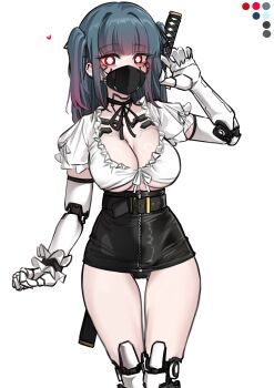 1girl absurdres belt black_belt black_mask black_panties black_ribbon breasts color_guide cropped_shirt frilled_sleeves frills hand_up heart high-waist_skirt highres jirai_kei joints k0ng large_breasts mask mechanical_arms mechanical_legs medium_hair mouth_mask neck_ribbon original panties purple_hair red_eyes ribbon robot_joints shirt short_sleeves skirt solo sword sword_on_back two_side_up underboob underwear variant_set weapon weapon_on_back white_shirt