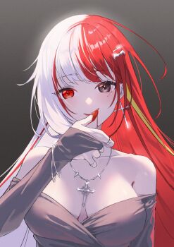 Rule 34 | 1girl, absurdres, akane lize, alternate eye color, alternate hair color, arm at side, blood, blood on face, blood on hands, breasts, breasts apart, cross, cross earrings, cross pendant, earrings, grey background, grey eyes, grey shirt, hand up, hashtag-only commentary, heterochromia, highres, jewelry, large breasts, long sleeves, moon (restire), multicolored hair, necklace, off-shoulder shirt, off shoulder, parted lips, red eyes, red hair, shirt, smile, solo, split-color hair, stellive, streaked hair, swept bangs, upper body, virtual youtuber, white hair
