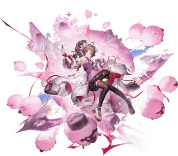 1girl animal_ears ardelia_(arknights) arknights arknights:_endfield baby_animal brown_hair coat curled_horns detached_sleeves eyjafjalla_(arknights) fingerless_gloves gloves goat_girl high_ponytail horns lamb little_black_sheep_(arknights) official_art ponytail red_eyes sheep sheep_ears sheep_girl sheep_horns shoes socks white_coat