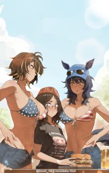 3girls absurdres ai-bon alcohol american_flag american_flag_print animal_ears baseball_cap beer beer_mug belly between_breasts bikini bikini_print blue_hair breasts brown_hair burger commission crimean_tatar cup embroidery female_pervert fez_hat flag_print food glasses hand_on_another&#039;s_shoulder hat height_difference highres holding holding_food horse_ears horse_girl horse_tail large_breasts looking_at_another looking_at_breasts messy_hair mug multicolored_hair multiple_girls navel original outdoors pervert picnic pipkin_pippa shefika_(usergore) shorts sky streaked_hair sunglasses sunlight surrounded swimsuit tail translated ukrainian_text yellow_eyes