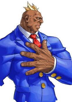Rule 34 | 1boy, absurdres, blazer, blonde hair, boman delgado, buttons, collared shirt, dark-skinned male, dark skin, edaki shin'ya, from side, game cg, hand on own chest, highres, jacket, justice gakuen, male focus, moero! justice gakuen, mohawk, necktie, non-web source, official art, pants, red necktie, school uniform, shirt, simple background, solo, standing, veins, veiny hands, white background, white pants, white shirt