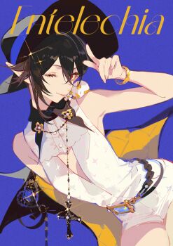 1girl arknights ask_(askzy) bare_arms bare_shoulders black_hair black_hat blue_background breasts character_name closed_mouth commentary dress dutch_angle english_text entelechia_(arknights) entelechia_(dazzling_blue)_(arknights) hair_between_eyes hat jewelry looking_at_viewer official_alternate_costume one_eye_closed pointy_ears red_eyes shirt short_hair shorts simple_background small_breasts smile solo symbol-only_commentary white_shirt white_shorts