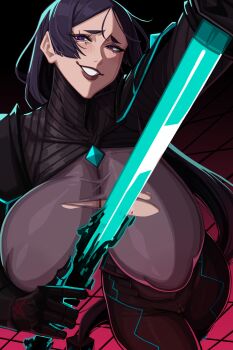 1girl absurdres alecto_0 black_bodysuit blush bodysuit breasts cosplay covered_erect_nipples fate/grand_order fate/samurai_remnant fate_(series) grey_bodysuit grin highres katana large_breasts long_hair looking_at_viewer minamoto_no_raikou_(fate) multicolored_bodysuit neon_trim parted_bangs purple_eyes purple_hair smile solo sword torn_clothes two-tone_bodysuit ushi_gozen_(fate) ushi_gozen_(fate)_(cosplay) very_long_hair weapon