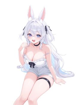 1girl absurdres animal_ear_fluff animal_ears armpit_crease bare_arms bare_legs bare_shoulders bibixart black_bow black_choker blue_eyes bow breasts choker cleavage collarbone colored_inner_hair diamond-shaped_pupils diamond_(shape) feet_out_of_frame frilled_shirt frills hair_between_eyes hair_ribbon hand_up high-waist_shorts highres indie_virtual_youtuber large_breasts long_hair looking_at_viewer multicolored_hair open_mouth purple_eyes rabbit_ears ribbon shirt shirt_tucked_in short_shorts shorts simple_background sitting sleeveless sleeveless_shirt smile solo spaghetti_strap strap_slip symbol-shaped_pupils thigh_strap thighs two_side_up vaipyre_(vtuber) very_long_hair white_background white_hair white_shirt white_shorts