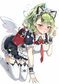 Rule 34 | 1girl, absurdres, alternate breast size (larger), animal ear hairband, animal ears, bell, black dress, black garter straps, blush, breasts, cat ear hairband, cat ears, commentary, crying, crying with eyes open, dress, fake animal ears, flying sweatdrops, frilled dress, frilled sleeves, frills, garter straps, ghost hair ornament, green hair, hair ornament, hairband, heart, heart hair ornament, highres, jjuha6, looking at viewer, maid, maid headdress, medium breasts, multiple hair clips, neck bell, official alternate costume, open mouth, ponytail, purple eyes, red bag, simple background, solo, sunna (afternoon tea break) (zenless zone zero), sunna (zenless zone zero), tears, white background, white wings, winged bag, wings, zenless zone zero