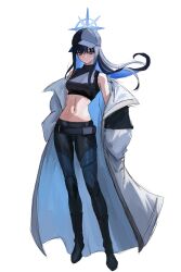 1girl absurdres baseball_cap blue_archive blue_halo coat colored_inner_hair full_body halo hat highres hyakka_(momokashinryu14) multicolored_hair navel no_mask saori_(blue_archive) shirt simple_background sleeveless sleeveless_shirt solo white_background white_coat