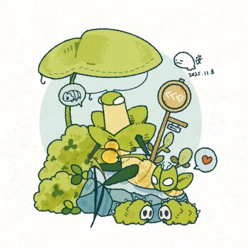 1boy arthropod_boy bell_beast_(hollow_knight) cogfly_(hollow_knight) colored_skin commentary dated empty_eyes english_commentary gourd green_prince_(hollow_knight) green_skin heart highres holding holding_gourd hollow_knight hollow_knight:_silksong image_in_speech_bubble insomnine111 mantis_boy mossgrub_(hollow_knight) on_rock robot sitting spikes spoken_heart white_eyes white_mask