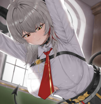 1girl absurdres adult_aongly alternate_eye_color black_choker black_horns black_pants black_tail breasts button_gap chest_harness choker closed_mouth collared_shirt commentary demon_tail from_below grey_hair harness highres horns indoors large_breasts long_hair mole mole_under_eye multicolored_eyes multicolored_hair outstretched_arms paid_reward_available pants red_eyes shirt smile solo streaked_hair sweat tail two-tone_eyes white_shirt wuthering_waves yellow_eyes zani_(wuthering_waves)