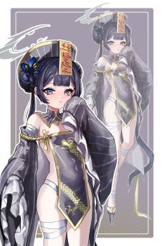 1girl absurdres alternate_costume alternate_eye_color bandaged_arm bandaged_leg bandages black_dress black_hair blue_archive blue_eyes braid braided_bun butterfly_hair_ornament closed_mouth cosplay covered_navel detached_collar detached_sleeves double_bun dragon_print dress flat_chest frilled_sleeves frills grey_halo grey_nails groin hair_bun hair_ornament halo hand_up hat highres jiangshi_costume kisaki_(blue_archive) kraken_mikan loli long_eyelashes long_hair looking_at_viewer nail_polish ofuda ofuda_on_head outline platform_sandals qingdai_guanmao sandals sideless_dress sleeves_past_fingers sleeves_past_wrists solo thighs toenail_polish toenails twintails very_long_hair white_outline wide_sleeves zoom_layer