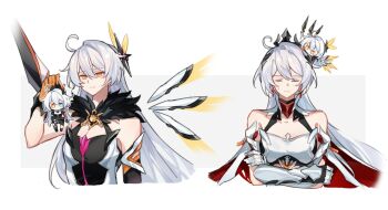 2girls ahoge bare_shoulders black_gloves breasts cape chibi chibi_on_head closed_eyes crossed_arms crown elbow_gloves fur_collar gloves highres honkai_(series) honkai_impact_3rd kiana_kaslana kiana_kaslana_(herrscher_of_flamescion) kiana_kaslana_(herrscher_of_the_void) kiana_kaslana_(void_drifter) long_hair medium_breasts multiple_girls on_head shiying_no_yao simple_background torn_cape torn_clothes vambraces white_background white_hair yellow_eyes