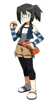1girl artist_self-insert bad_id bad_pixiv_id bare_shoulders belt belt_pouch black_eyes black_hair detached_sleeves female_focus fictional_persona glasses hand_on_own_hip highres kei-chan_(atlas_kei) leggings looking_at_viewer nintendo pixiv_trainer pocket poke_ball poke_ball_(basic) pokemon ponytail pouch short_ponytail shorts simple_background smile solo standing striped white_background