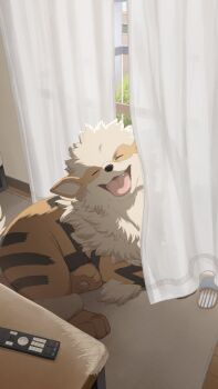 arcanine bed closed_eyes controller day fangs fluffy gen_1_pokemon highres indoors kuroshima_ayume_(funa) looking_at_viewer nintendo no_humans open_mouth pokemon pokemon_(creature) pokemon_focus remote_control slippers smile tail tongue window