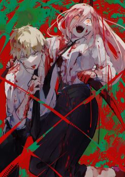 1boy 1girl absurdres black_necktie blonde_hair blood blood_on_clothes blood_on_face blood_on_hands chainsaw_man collared_shirt commentary crazy crazy_eyes cross-shaped_pupils denji_(chainsaw_man) green_background hair_between_eyes hemokinesis highres holding holding_weapon horns knife long_hair looking_at_viewer looking_to_the_side necktie open_mouth pink_hair power_(chainsaw_man) red_horns sharp_teeth shirt short_hair smile symbol-only_commentary symbol-shaped_pupils syokumura teeth tongue tongue_out weapon white_shirt yellow_eyes