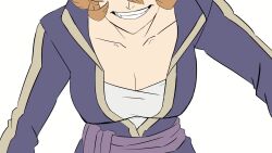 Rule 34 | 1girl, animated, black clover, bouncing breasts, breast focus, breasts, cleavage, eyes out of frame, fang, grin, hanging breasts, head out of frame, heavy breathing, highres, jiggle, mereoleona vermillion, red hair, sho yo, simple background, smile, solo, tagme, video, white background