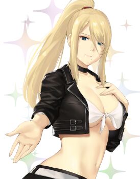 1girl alternate_costume bikini bikini_top_only bikini_under_clothes black_choker blonde_hair blue_eyes breasts buckle choker cleavage closed_mouth coat female_focus front-tie_bikini_top front-tie_top hair_over_one_eye hand_on_own_chest high_ponytail j@ck jacket large_breasts long_hair looking_at_viewer metroid mole mole_under_mouth navel nintendo open_clothes open_coat open_jacket outstretched_arm ponytail revealing_clothes ribbon samus_aran short_sleeves sidelocks smile solo sparkle_background stomach swept_bangs swimsuit underboob upper_body white_background white_bikini white_ribbon