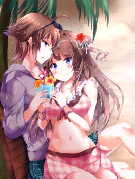 2girls ahoge alternate_costume bad_id bad_pixiv_id bare_shoulders blue_eyes breasts brown_hair cleavage eyewear_on_head flower food fruit hair_flower hair_ornament hibiscus hiei_(kancolle) jacket jewelry kantai_collection kongou_(kancolle) large_breasts long_hair multiple_girls navel one-piece_swimsuit open_mouth orange_(fruit) orange_slice plaid_one-piece_swimsuit ring sakura_romu sarong shared_drink short_hair sitting skirt smile sunglasses swimsuit wedding_band wrist_cuffs yuri