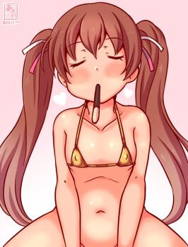 1girl artist_logo bikini bottomless brown_hair closed_eyes covered_erect_nipples dark-skinned_female dark_skin dated flat_chest gold_bikini gradient_background incoming_pocky_kiss kanon_(kurogane_knights) kantai_collection libeccio_(kancolle) logo long_hair micro_bikini mouth_hold one-hour_drawing_challenge out-of-frame_censoring pink_background solo swimsuit tan twintails