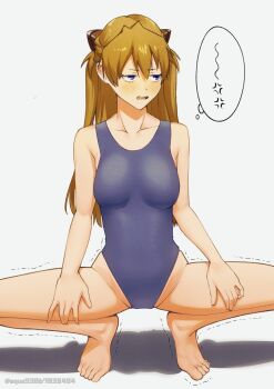 1girl anger_vein barefoot blue_one-piece_swimsuit blush brown_hair curvy highleg highleg_leotard highleg_one-piece_swimsuit highres illust_aqua legs_apart leotard long_hair looking_afar neon_genesis_evangelion one-piece_swimsuit open_mouth shiny_skin simple_background solo souryuu_asuka_langley spoken_anger_vein squatting swimsuit trembling tsundere two_side_up wavy_mouth white_background
