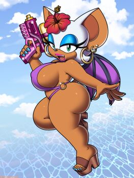 1girl absurdres animal_ears artist_name ass bat_ears bat_girl bat_wings breasts commentary covered_erect_nipples ear_piercing earrings english_commentary fangs highres holding holding_weapon huge_ass jewelry large_ears leg_lift looking_at_viewer omegasunburst open_mouth patreon_logo piercing rouge_the_bat smile solo sonic_(series) weapon wings