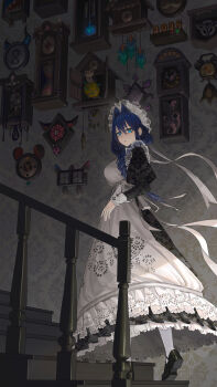 1girl 2025 absurdres alarm_clock analog_clock apple apron black_dress black_shoes blue_eyes blue_fire blue_hair braid breasts clock commentary demon_horns dress english_commentary fire floating_hair food frilled_hat frills from_side fruit golden_apple hair_between_eyes hair_intakes hair_ribbon hat highres hololive hololive_english horns juliet_sleeves large_breasts long_hair long_sleeves looking_at_viewer maid maid_apron mcking mob_cap nixie_tube official_alternate_costume official_alternate_hairstyle ouro_kronii ouro_kronii_(maid) pendulum_clock puffy_sleeves ribbon shade shoes solo stairs tentacles victorian_maid virtual_youtuber walking wall_clock wallpaper_(object) white_apron white_ribbon