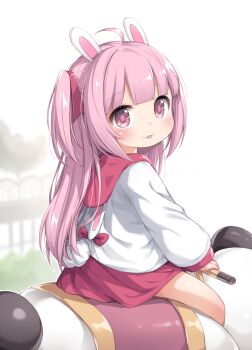 1girl :p absurdres ahoge animal_ears animal_hood carousel child closed_mouth clothing_cutout commentary hair_ribbon highres hood hood_down hoodie long_hair long_sleeves looking_at_viewer original pink_eyes pink_hair pink_ribbon pink_skirt rabbit_ears rabbit_girl rabbit_hood rabbit_tail ribbon sitting skirt smile solo symbol-only_commentary tail tail_through_clothes tamase_tama tongue tongue_out two_side_up white_background white_hoodie