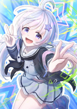 Rule 34 | 10ml, 1girl, :d, backpack, bag, beads, black jacket, black neckerchief, blue archive, blue background, blue hair, blush, buttons, commentary request, cowboy shot, double-breasted, double v, fingernails, grey serafuku, grey shirt, grey skirt, hair beads, hair between eyes, hair ornament, halo, highres, jacket, long hair, long sleeves, looking at viewer, low twintails, midriff, miniskirt, multicolored hair, navel, neckerchief, open clothes, open jacket, open mouth, outline, pink hair, pink halo, pleated skirt, purple eyes, reisa (blue archive), sailor collar, school uniform, serafuku, shirt, simple background, skirt, smile, solo, star (symbol), star hair ornament, star halo, star symbol background, streaked hair, tareme, twintails, two-tone hair, v, v-shaped eyebrows, very long hair, white outline, white sailor collar