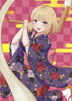 1girl :d alternate_costume azur_lane blonde_hair blue_eyes blush bow breasts commentary_request floral_print floral_print_kimono hair_bow hammer hands_up happy highres holding holding_hammer japanese_clothes kimono medium_breasts open_mouth print_kimono purple_kimono red_bow sigeranai smile solo teeth upper_teeth_only wide_sleeves z23_(azur_lane)
