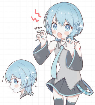 1girl alternate_hair_length alternate_hairstyle aobahosino bare_shoulders black_skirt black_sleeves black_thighhighs blue_eyes blue_hair blue_nails blue_necktie blush_stickers claw_pose closed_mouth collared_shirt commentary cowboy_shot detached_sleeves fang gao grey_shirt grid_background hands_up hatsune_miku highres jellyfish_cut long_sleeves miniskirt multiple_views nail_polish necktie open_mouth pleated_skirt profile shirt short_hair shoulder_tattoo signature skirt sleeveless sleeveless_shirt smile sparkle tattoo thighhighs v-shaped_eyebrows vocaloid white_background wide_sleeves zettai_ryouiki