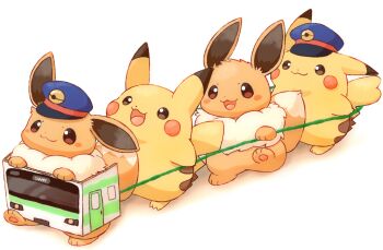 :3 blue_hat blush_stickers brown_eyes cardboard closed_mouth commentary eevee gen_1_pokemon hat highres mimix neck_fur nintendo no_humans open_mouth peaked_cap pikachu playing pokemon pokemon_(creature) simple_background smile standing train_conductor walking white_background yarn