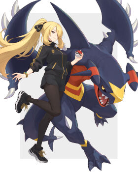 Rule 34 | 1girl, absurdres, black jacket, black shoes, black shorts, blonde hair, breasts, brown pantyhose, closed mouth, cynthia (pokemon), garchomp, gen 4 pokemon, grey eyes, hair over one eye, high ponytail, highres, holding, holding poke ball, jacket, long hair, looking at viewer, mega garchomp z, mega ring, nintendo, pantyhose, poke ball, poke ball (basic), pokemon, pokemon (creature), pokemon dppt, ponytail, shoes, short shorts, shorts, simple background, smile, sneakers, track jacket, truejekart, very long hair, white background