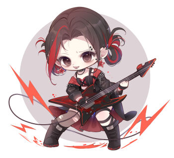 1girl absurdres black_boots black_choker black_coat black_gloves black_shirt black_skirt black_thighhighs boots border brown_eyes brown_hair cable chain chain_necklace chinese_commentary choker coat commentary_request counterflow_concerto_(infinity_nikki) crop_top dot_nose earrings electric_guitar eyeshadow face_piercing fingerless_gloves forehead forehead_piercing full_body furrowed_brow gloves grey_background grey_eyeshadow grey_thighhighs guitar hair_rings highres infinity_nikki instrument jewelry leaning_forward legs_apart light_blush light_particles lightning_bolt_symbol long_sleeves looking_at_viewer makeup miniskirt mismatched_thighhighs multicolored_hair multiple_piercings music necklace nikki_(series) nuli_de_chengzhi_er open_mouth outside_border piercing playing_guitar playing_instrument red_coat red_hair round_border shirt short_hair skirt sleeve_cuffs smile solo sparkle standing star_(symbol) star_earrings streaked_hair studded_choker tareme thighhighs torn_clothes torn_thighhighs two-sided_coat two-sided_fabric two-tone_hair white_border