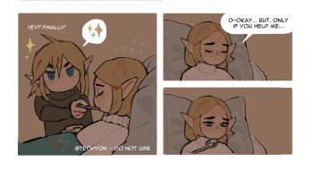 ... 1boy 1girl ahoge artist_name bed black_sweater blonde_hair blue_eyes border closed_eyes couple double-parted_bangs earrings english_text eyelashes food green_eyes head_on_pillow hetero highres holding holding_spoon jewelry link nintendo no_mouth on_bed parted_bangs pillow pointy_ears princess_zelda pyonteo sad short_hair sidelocks soup speech_bubble spoon sweater the_legend_of_zelda the_legend_of_zelda:_breath_of_the_wild the_legend_of_zelda:_tears_of_the_kingdom under_covers upper_body white_sweater